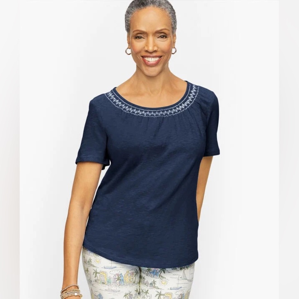 Talbots Indigo Boho Embroidered Cotton Short Sleeve Shirt - Size Medium
